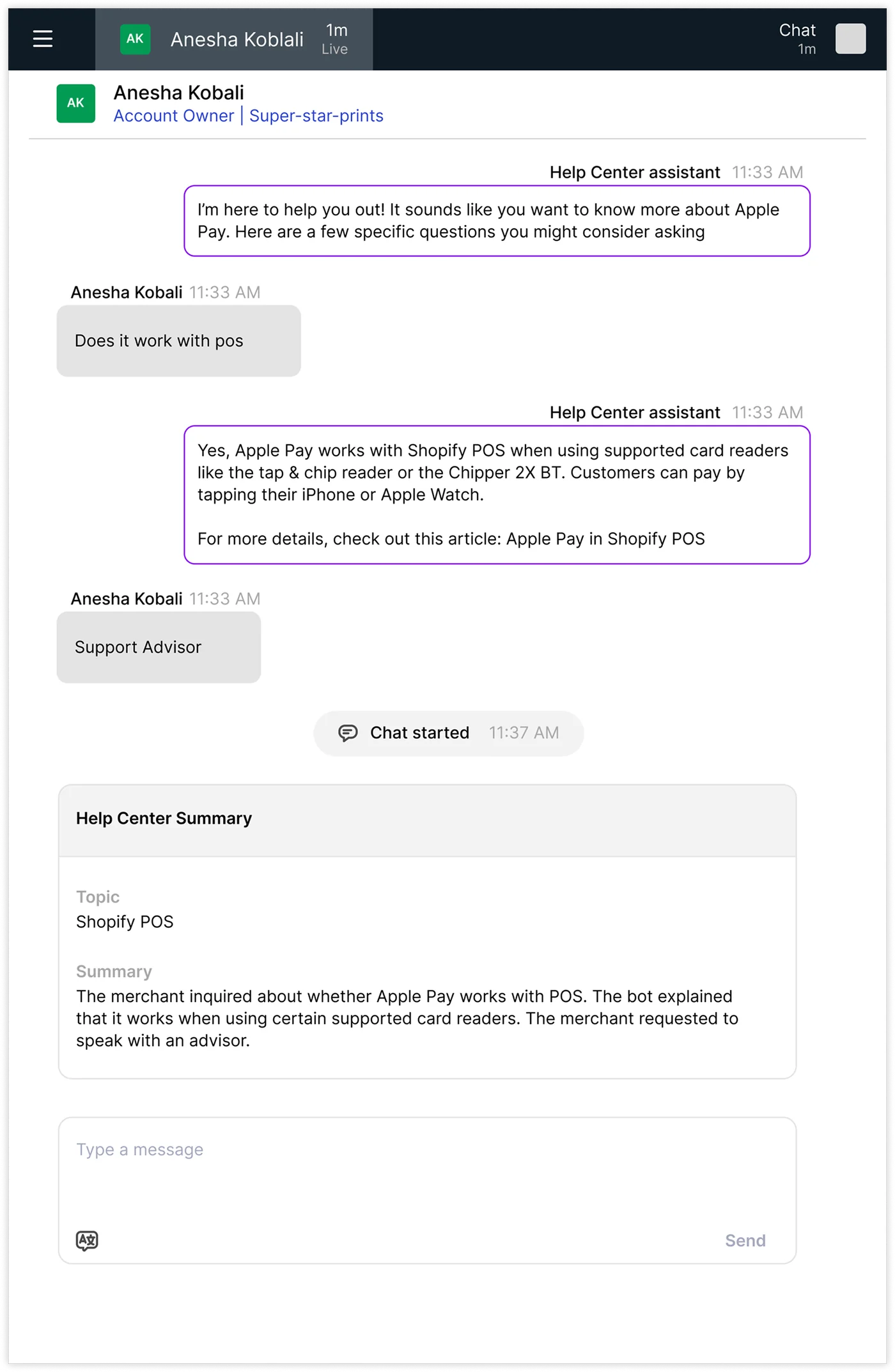 Live chat transcript with Help Center Summary