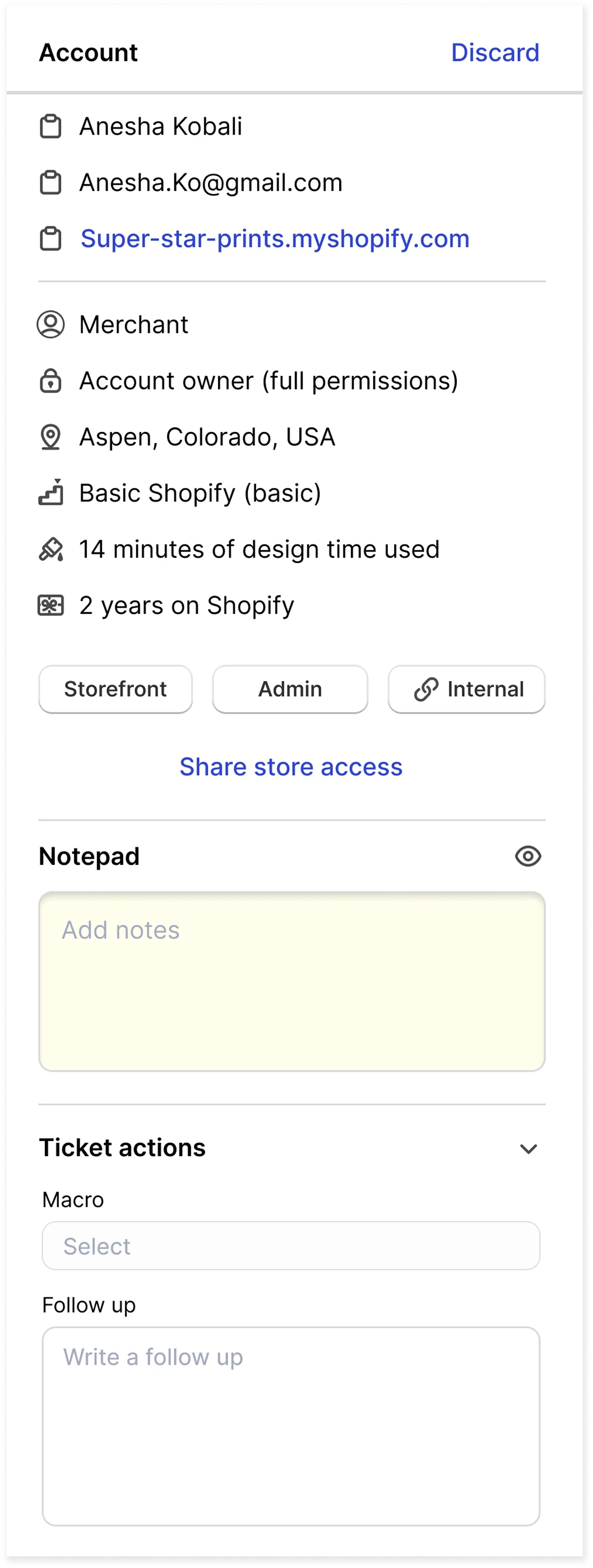 Account details panel with notepad and ticket actions