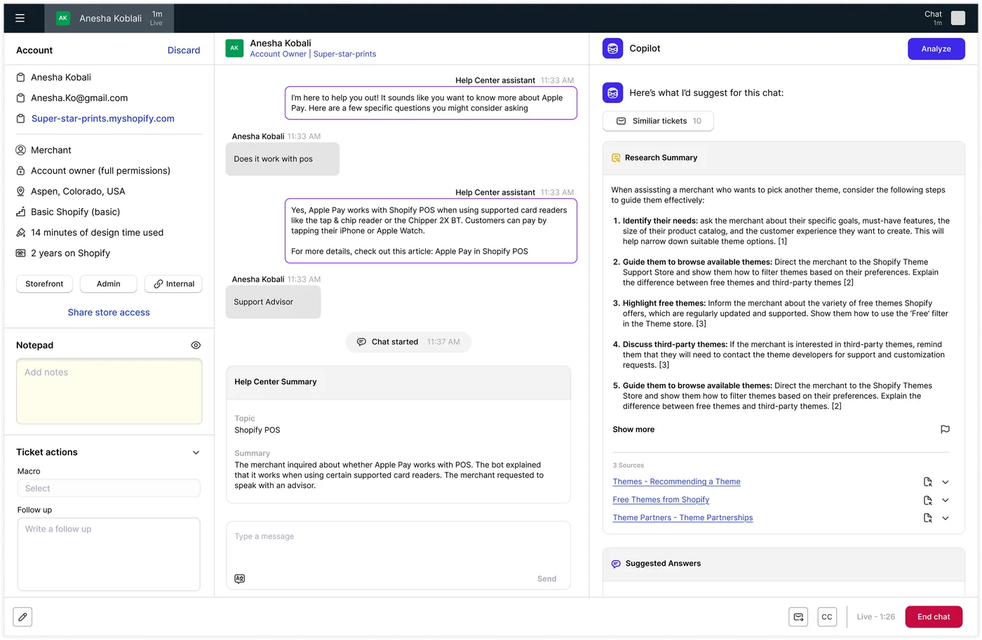 Full agent workspace with Copilot research summary and suggested answers