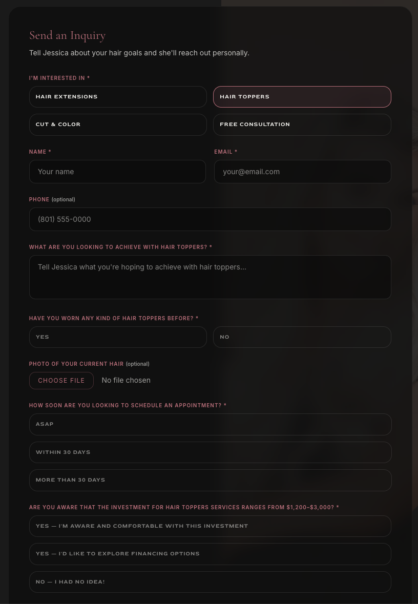 Inquiry form, hair toppers selected