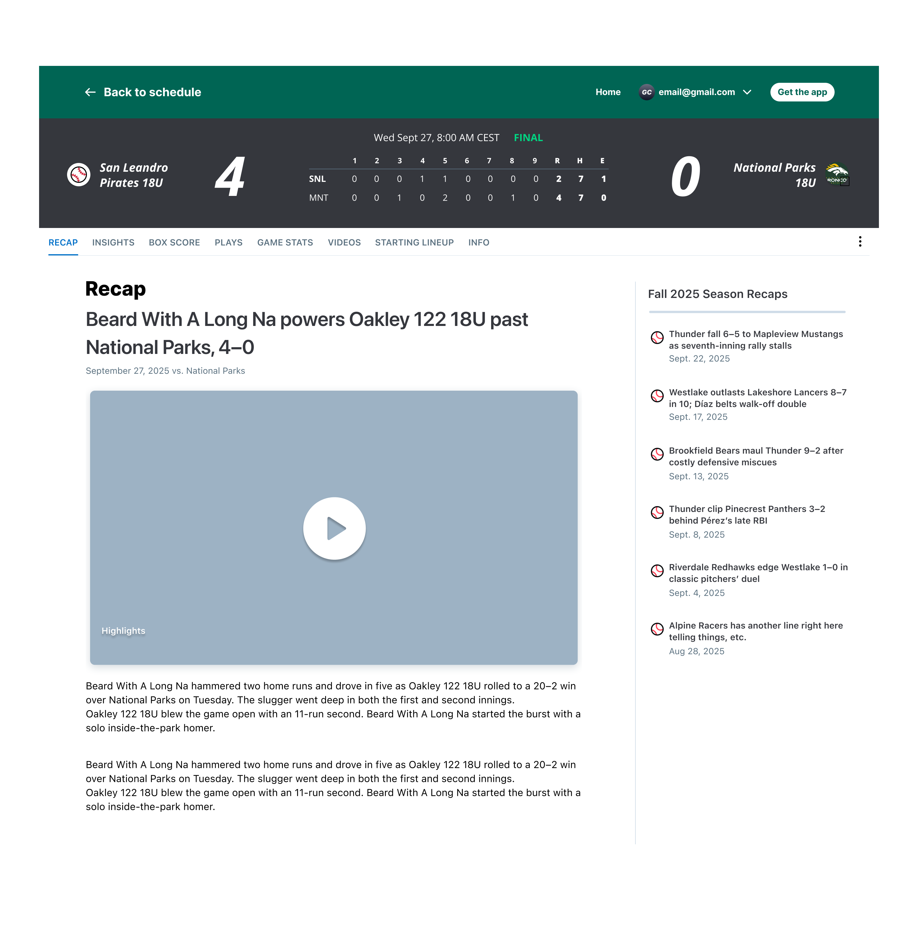 Post game recap on desktop