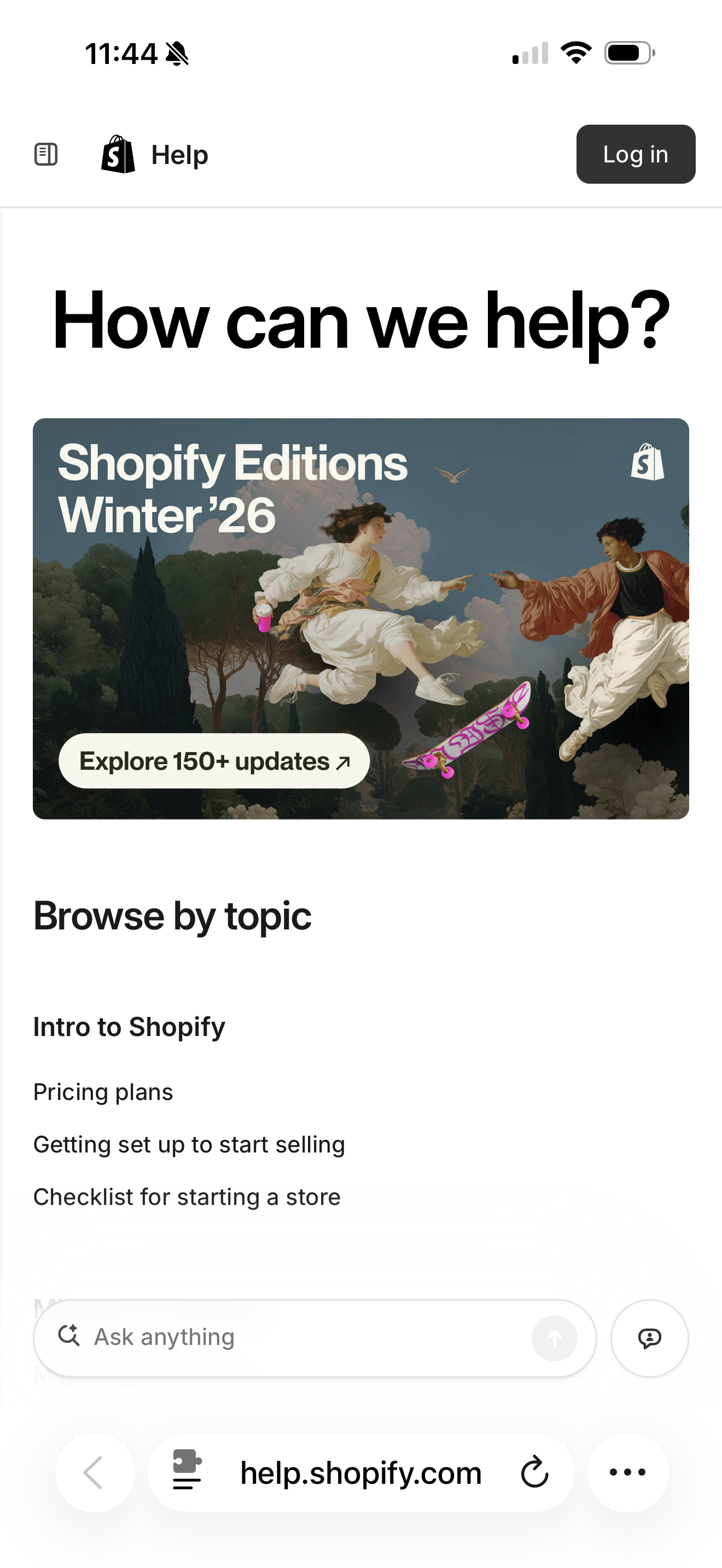 Shopify Help Center mobile landing