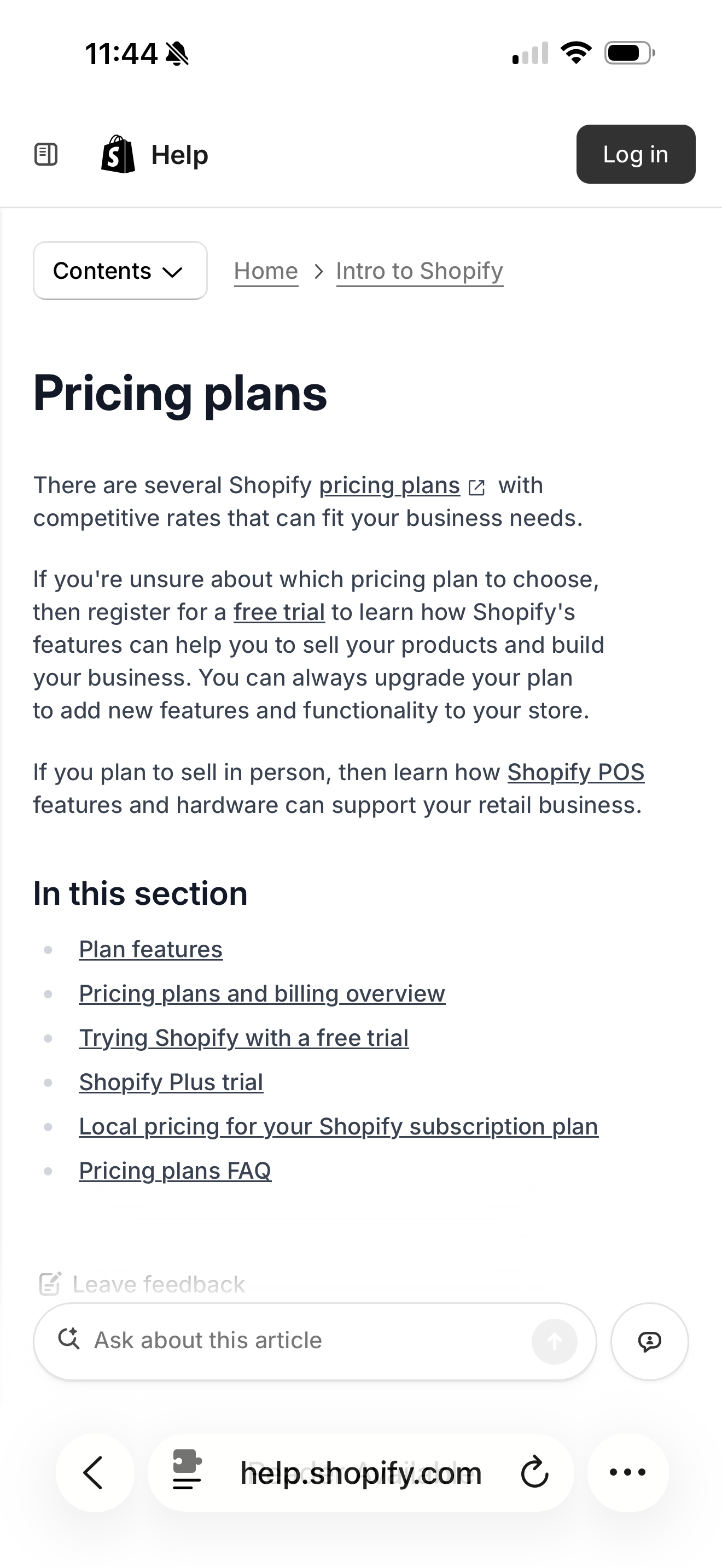 Help article on mobile with table of contents
