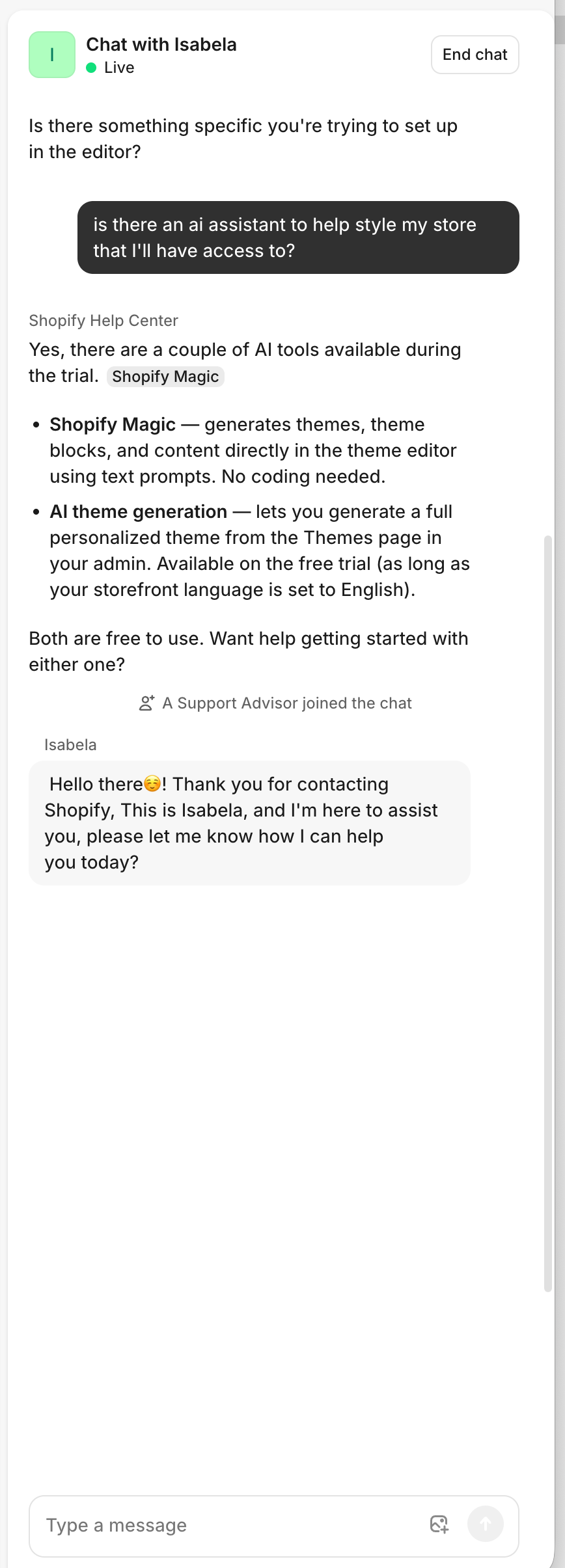 Live chat with support advisor on desktop