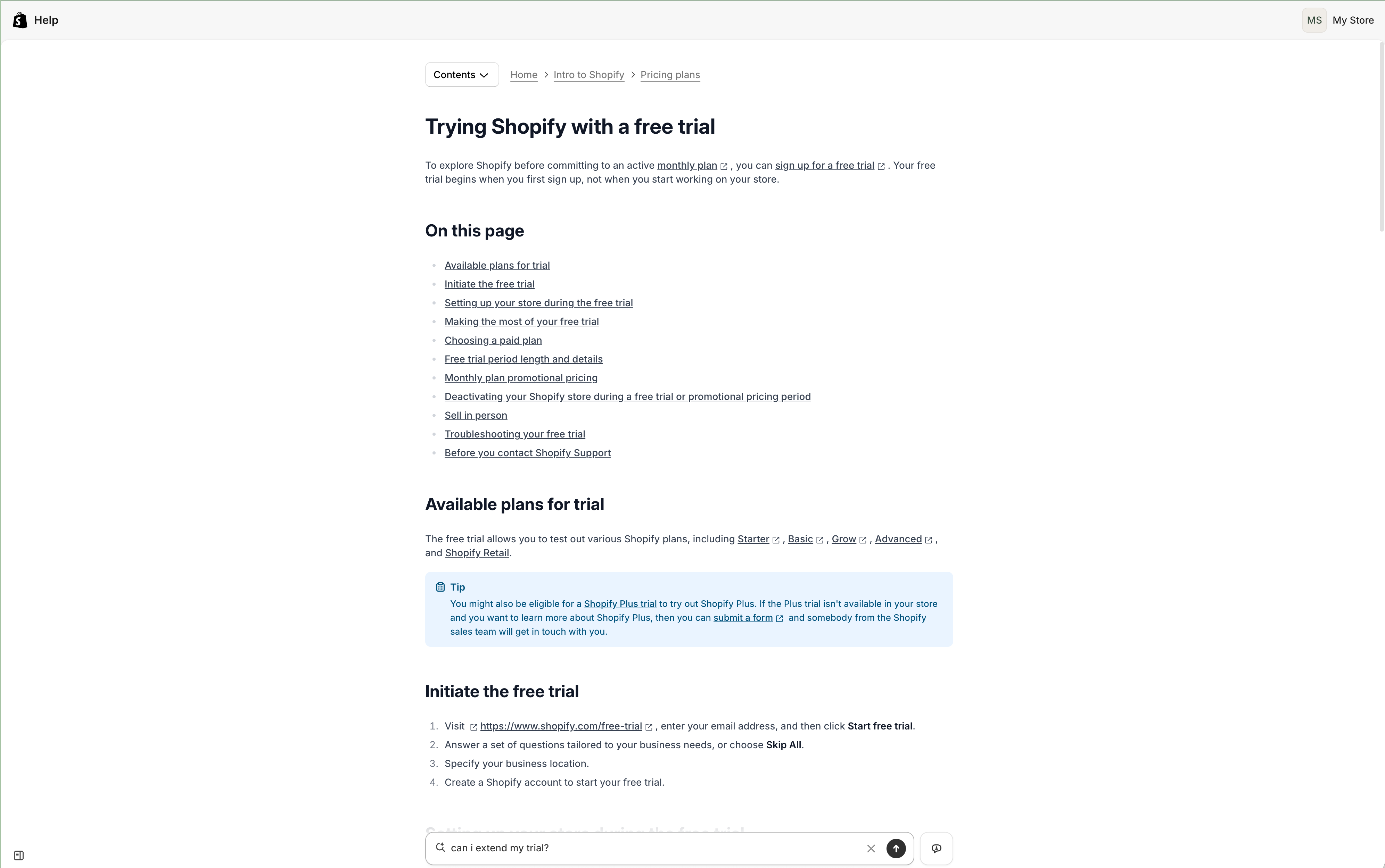 Shopify Help article page with AI search