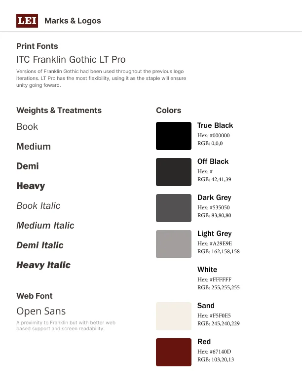 LEI brand usage guidelines, fonts and colors
