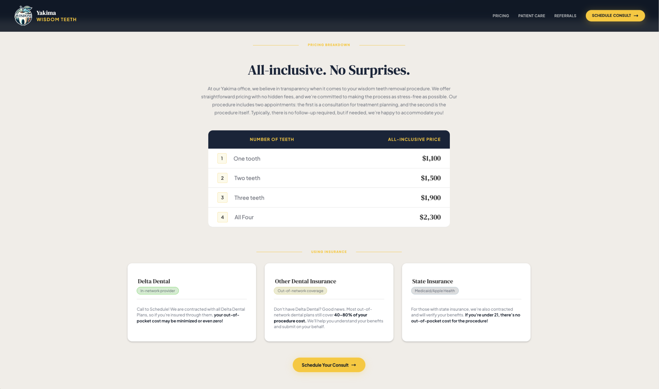 All-inclusive transparent pricing table with insurance guidance